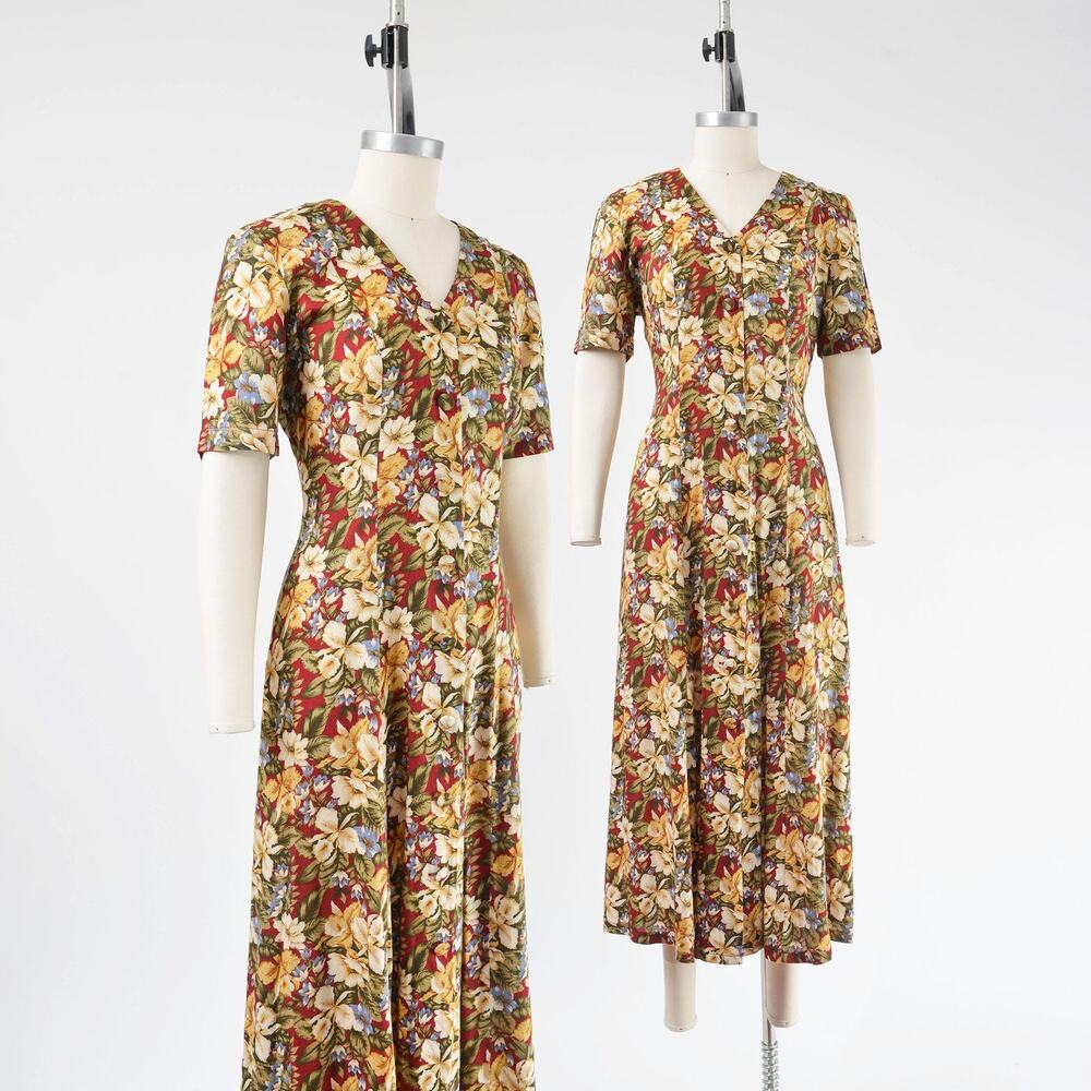 Vintage 90s Floral Maxi Dress Button Down Front Fit and Flare Long Dress Medium